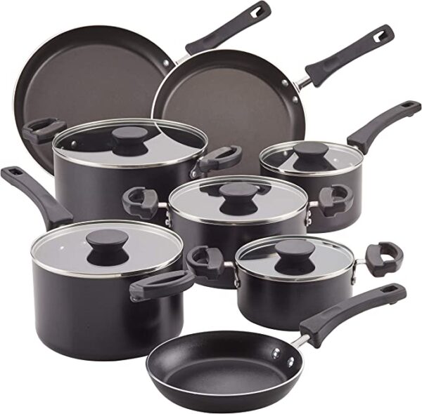 Farberware Neat Nest Space Saving Nonstick Cookware Pots and Pans Set/Dishwasher Safe, 13 Piece, Black